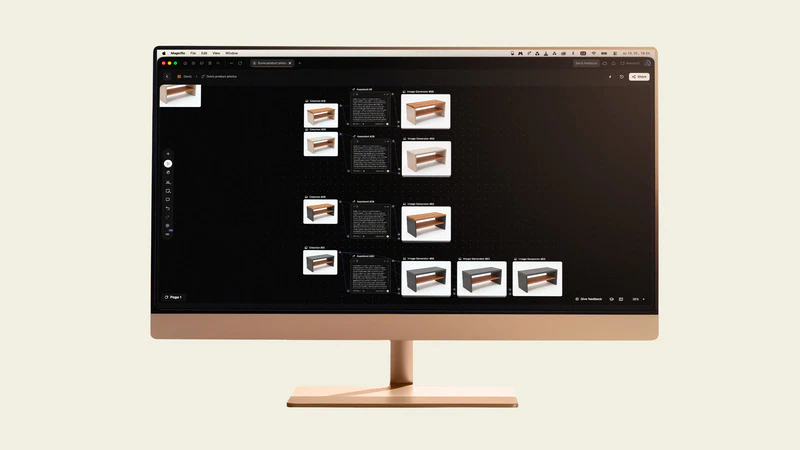Workflow v Magnificu na monitoru: z fotek lavice Duvio vznikají varianty produktových fotek