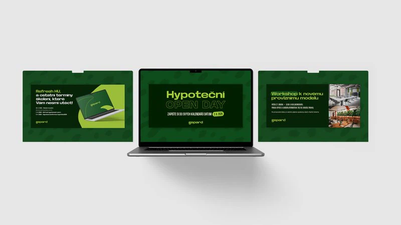 Prezentační slidy Gepard Finance na notebooku: Hypoteční Open Day, školení a workshop